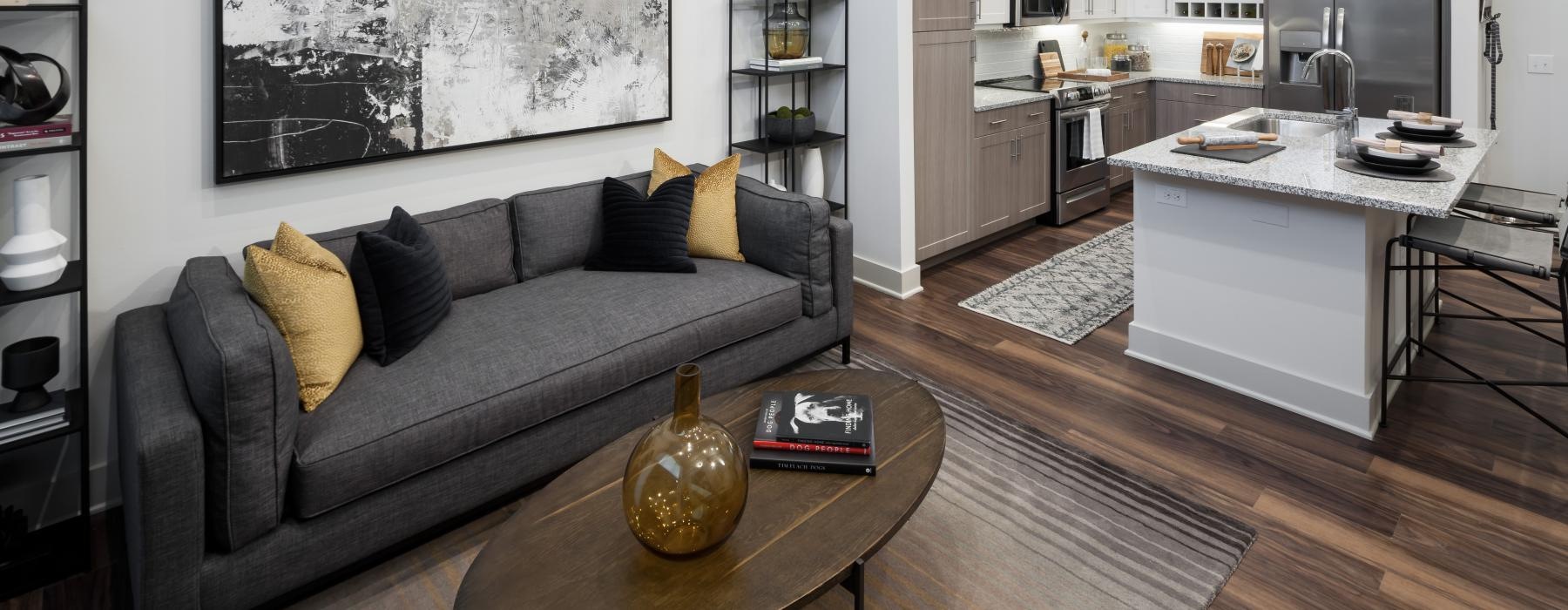 a living room with a couch and coffee table