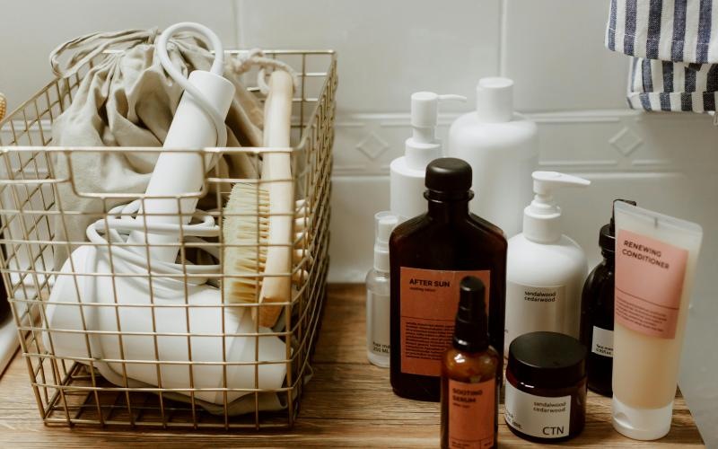 a basket of bottles and a basket